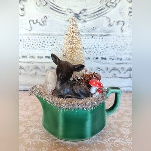 Vintage Christmas Handcrafted Woodland Assemblage Diorama Deer Mushroom